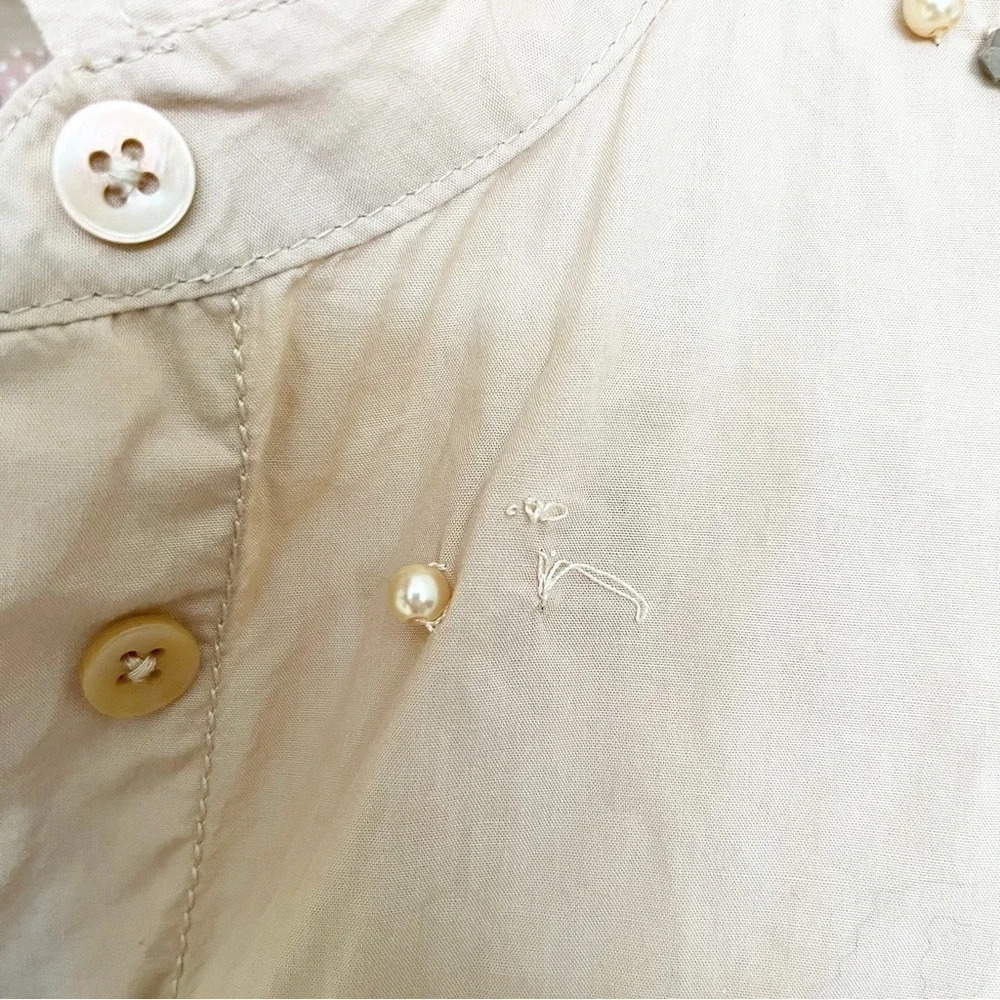 Anthropologie Maeve Bennet Button Shirt Pearl Embellished Art Deco Tan Medium - Picture 10 of 11